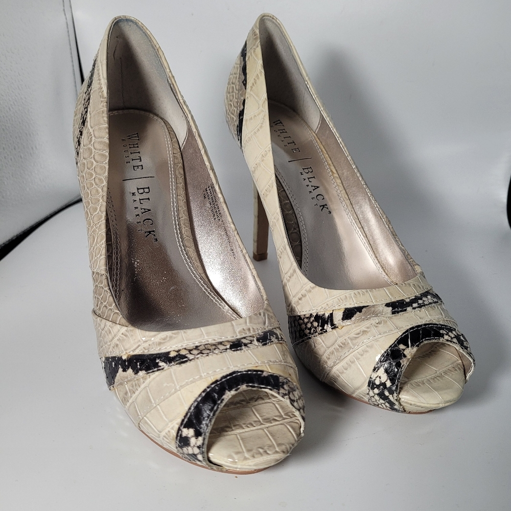 White House Black Market Snake Skin Peep Toe Heels
